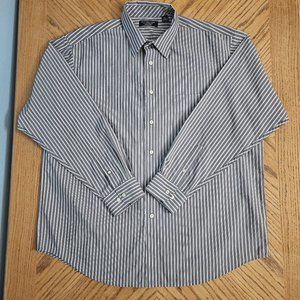 Roundtree & Yorke Easy Care Button Shirt Long Sleeve Gray Blue White Stripes